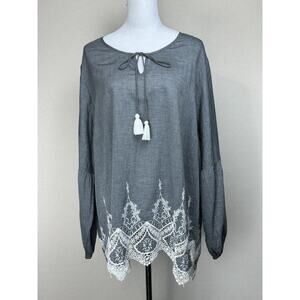 Du Jour Gray Peasant Blouse Embroidered Tasseled Cotton Women's 2XL